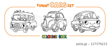 Funny vintage buses with eyes. Coloring book set Funny vintage buses with eyes. Coloring book set 127379223