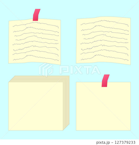 Set of school paper sheets including blank stack, note with tape and handwritten page on blue background. For back to school stationery concept, education visual, educational theme, classroom decor. 127379233