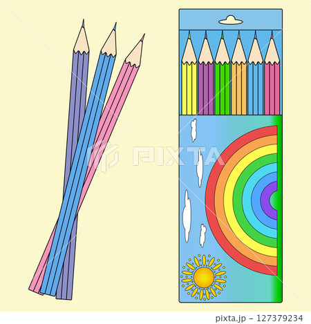 Set of colorful supplies of pencils with packaging of rainbow drawing and individual pencils on yellow background. For back to school theme, education visual, educational concept, and classroom decor. 127379234