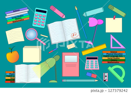 Back to school theme set with books, notebooks, calculators, pencils, vintage fountain pen, markers, desk lamp, note sheets, rulers, erasers, and magnifying glass. Stationery and supplies collection. Back to school theme set with books, notebooks, calculators, pencils, vintage fountain pen, markers, desk lamp, note sheets, rulers, erasers, and magnifying glass. Stationery and supplies collection. 127379242