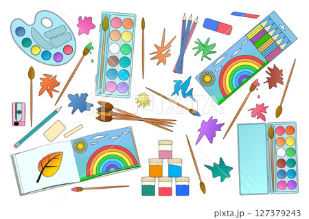Art supplies collection with watercolor paints, palette, brushes, pencils, sketchbook and abstract paint splashes on white background. Artistic elements set for back to school theme creativity design. Art supplies collection with watercolor paints, palette, brushes, pencils, sketchbook and abstract paint splashes on white background. Artistic elements set for back to school theme creativity design. 127379243