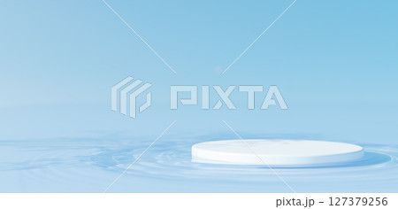 水面に浮かぶ白い円柱の台座。波紋。木の葉の影。コピースペース。3D（横長） 127379256