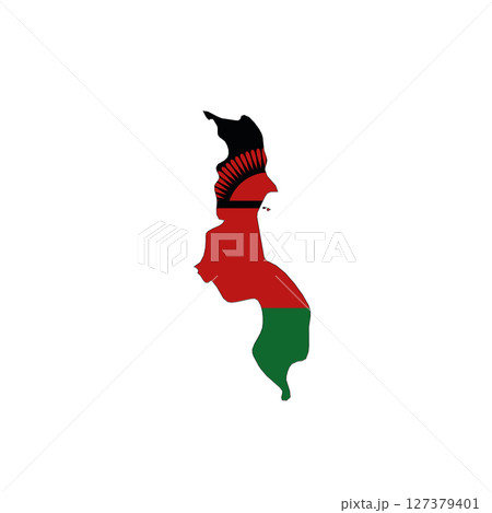 Malawi - national flag in a shape of country map silhouette with thin black outline. Simple flat vector icon. 127379401