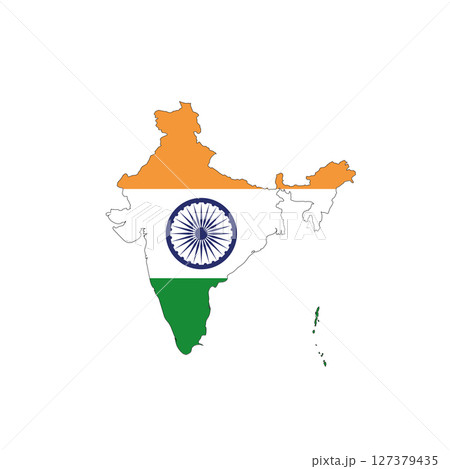 India - national flag in a shape of country map silhouette with thin black outline. Simple flat vector icon. 127379435