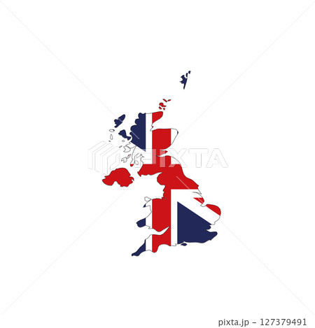 United Kingdom of Great Britain and Northern Ireland, UK - national flag in a shape of country map silhouette with thin black outline. Simple flat vector icon. 127379491
