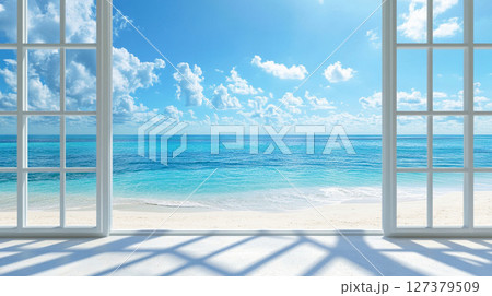 窓の外に広がる白い砂浜と青い海|リゾート気分あふれる開放的な海辺の風景 窓の外に広がる白い砂浜と青い海|リゾート気分あふれる開放的な海辺の風景 127379509