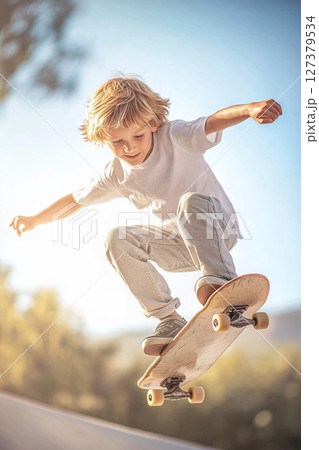 スケートボードでジャンプする少年｜自由でエネルギッシュなアクティブキッズの瞬間 127379534