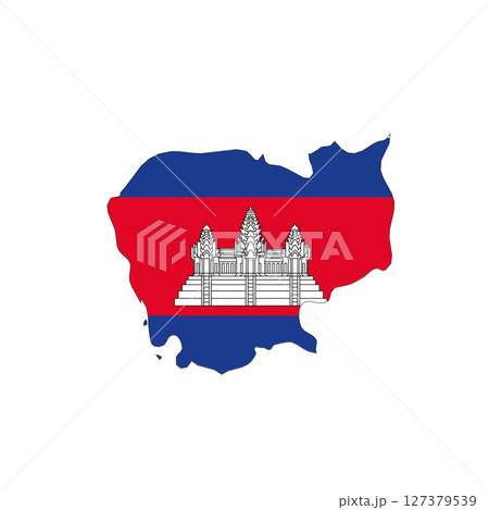 Cambodia - national flag in a shape of country map silhouette with thin black outline. Simple flat vector icon. 127379539