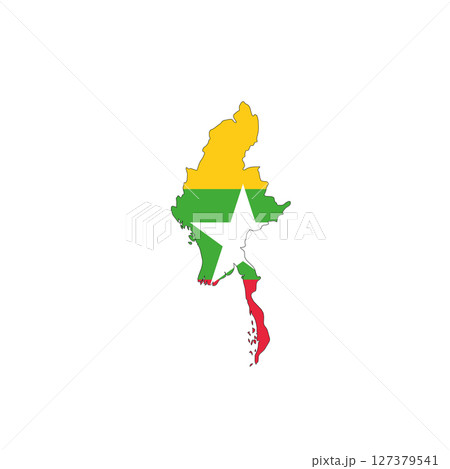Burma, Myanmar - national flag in a shape of country map silhouette with thin black outline. Simple flat vector icon. 127379541