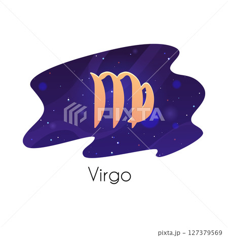 Virgo zodiac sign on starry sky, horoscope astrological symbol on space vector flat illustration in decorative frame 127379569