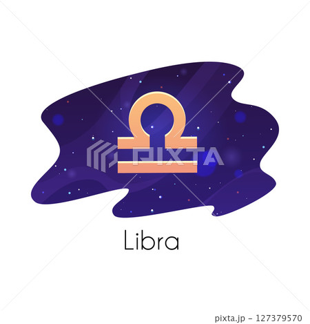 Libra zodiac sign on starry sky, horoscope astrological symbol on space vector flat illustration in decorative frame 127379570