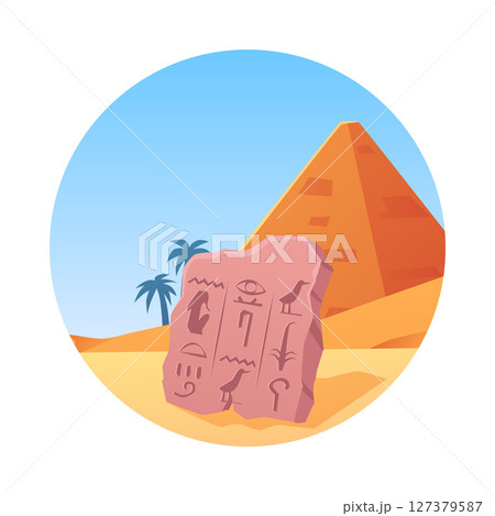 Rune with sacred script on desert landscape with pyramid, vector flat archeologic stone, rock with prehistoric symbols 127379587
