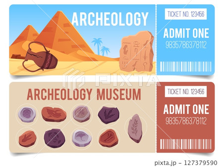 Excursion to archeology excavation in desert, museum ticket design vector set, ancient Egypt civilization artifacts Excursion to archeology excavation in desert, museum ticket design vector set, ancient Egypt civilization artifacts 127379590