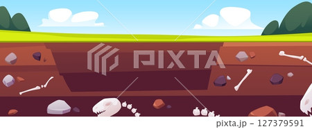 Dinosaur scull and bones old in the ground, archeologic fossil dig, vector flat ancient rock incision with old artifacts 127379591