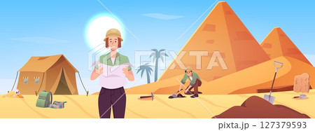 Archeology excavation, vector flat archeologists at work in desert near ancient Egypt civilization, tent and equipment Archeology excavation, vector flat archeologists at work in desert near ancient Egypt civilization, tent and equipment 127379593
