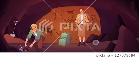 Archeology digging work in cave with rock paintings, archaeologists excavation with pick tool vector flat illustration 127379594