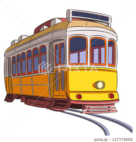 Yellow old tram in Lisbon isolated on white background 127379608