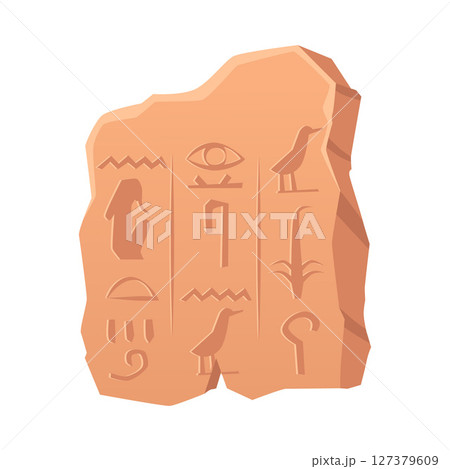 Runes with sacred script vector flat icon, archeologic fossil dig, ancient rune stone, rock with prehistoric symbols 127379609