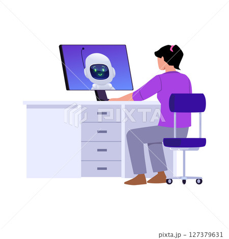 Teen girl sitting at the white table and communicating with smiling chatbot on computer screen. 127379631