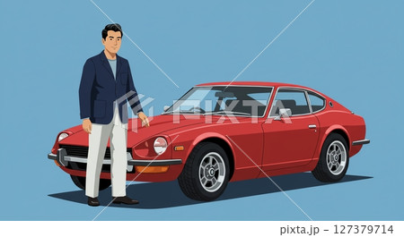 週末の始まり！愛車とどこまでもドライブする男性のシルエット 127379714