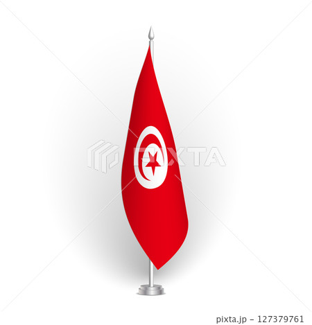 Tunisia flag - 3D standard conference flag hanging on ground flagpole. Usable for summit, indoor meeting, board room, government office, press room or reception. Vector flag with shading Tunisia flag - 3D standard conference flag hanging on ground flagpole. Usable for summit, indoor meeting, board room, government office, press room or reception. Vector flag with shading 127379761
