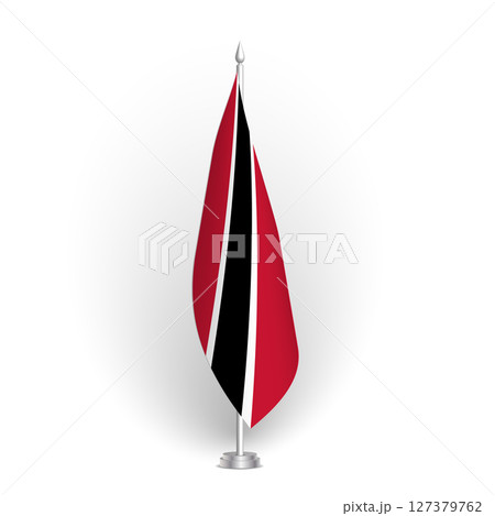 Trinidad and Tobago flag - 3D standard conference flag hanging on ground flagpole. Usable for summit, indoor meeting, board room, government office, press room or reception. Vector flag with shading 127379762