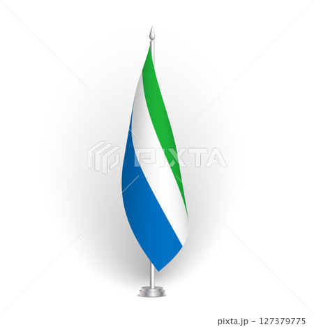 Sierra Leone flag - 3D standard conference flag hanging on ground flagpole. Usable for summit, indoor meeting, board room, government office, press room or reception. Vector flag with shading 127379775