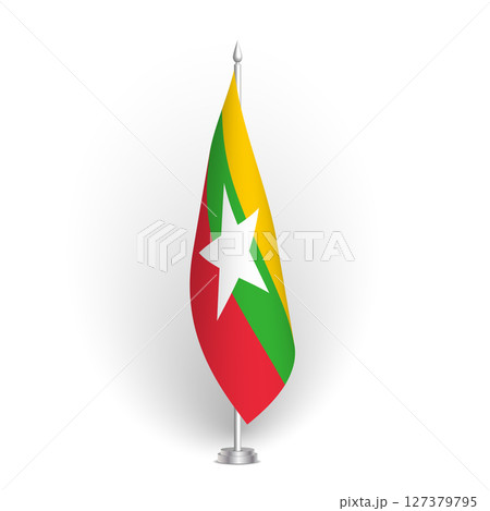 Myanmar flag - 3D standard conference flag hanging on ground flagpole. Usable for summit, indoor meeting, board room, government office, press room or reception. Vector flag with shading Myanmar flag - 3D standard conference flag hanging on ground flagpole. Usable for summit, indoor meeting, board room, government office, press room or reception. Vector flag with shading 127379795