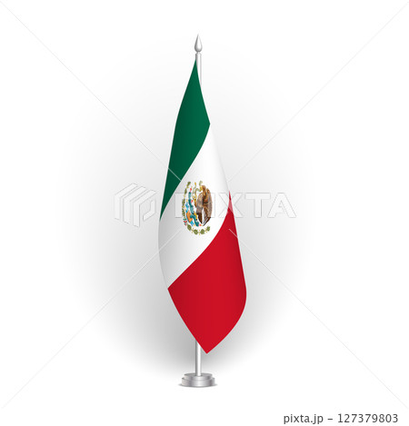 Mexico flag - 3D standard conference flag hanging on ground flagpole. Usable for summit, indoor meeting, board room, government office, press room or reception. Vector flag with shading 127379803