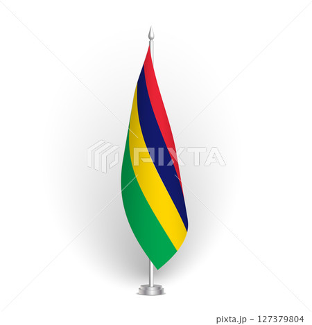 Mauritius flag - 3D standard conference flag hanging on ground flagpole. Usable for summit, indoor meeting, board room, government office, press room or reception. Vector flag with shading 127379804