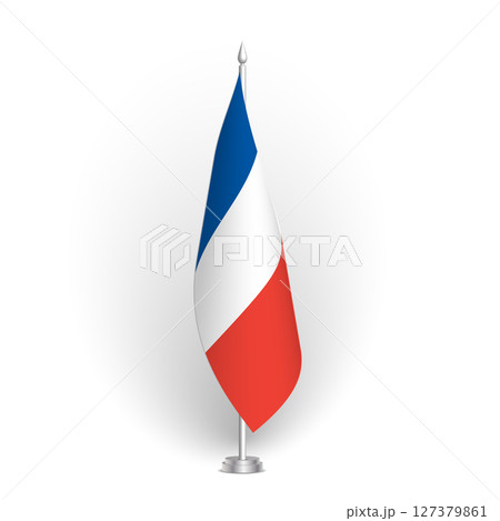 France flag - 3D standard conference flag hanging on ground flagpole. Usable for summit, indoor meeting, board room, government office, press room or reception. Vector flag with shading 127379861