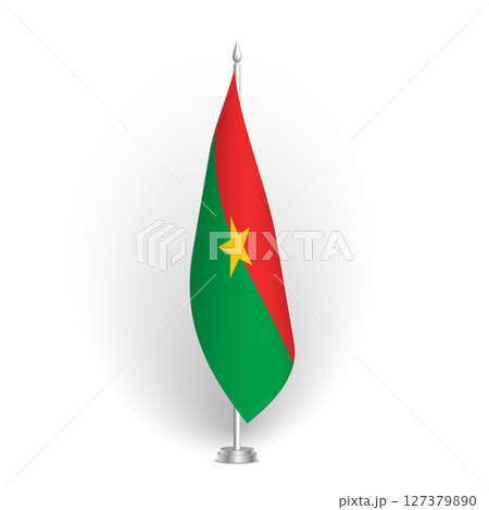 Burkina Faso flag - 3D standard conference flag hanging on ground flagpole. Usable for summit, indoor meeting, board room, government office, press room or reception. Vector flag with shading 127379890