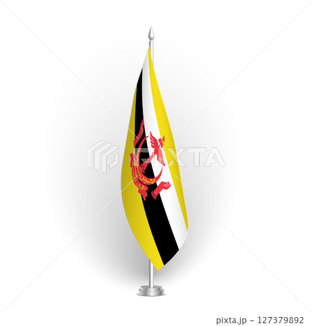 Brunei flag - 3D standard conference flag hanging on ground flagpole. Usable for summit, indoor meeting, board room, government office, press room or reception. Vector flag with shading 127379892