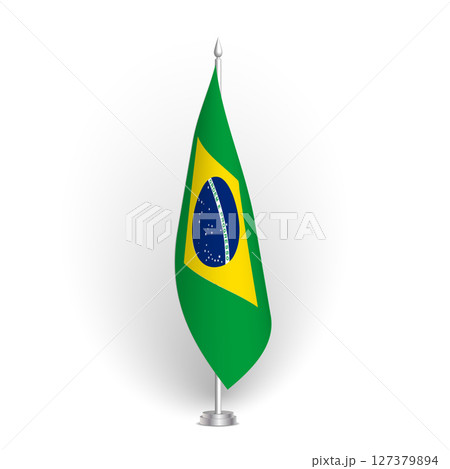 Brazil flag - 3D standard conference flag hanging on ground flagpole. Usable for summit, indoor meeting, board room, government office, press room or reception. Vector flag with shading 127379894