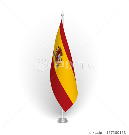 Spain flag - 3D standard conference flag hanging on ground flagpole. Usable for summit, indoor meeting, board room, government office, press room or reception. Vector flag with shading Spain flag - 3D standard conference flag hanging on ground flagpole. Usable for summit, indoor meeting, board room, government office, press room or reception. Vector flag with shading 127380128