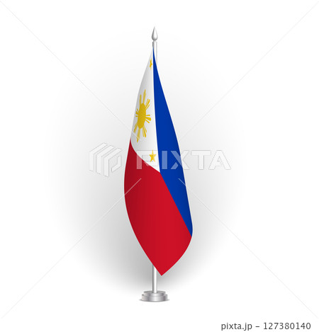 Philippines flag - 3D standard conference flag hanging on ground flagpole. Usable for summit, indoor meeting, board room, government office, press room or reception. Vector flag with shading 127380140