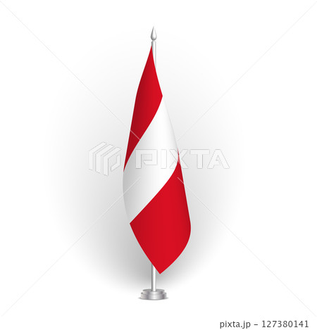 Peru flag - 3D standard conference flag hanging on ground flagpole. Usable for summit, indoor meeting, board room, government office, press room or reception. Vector flag with shading 127380141
