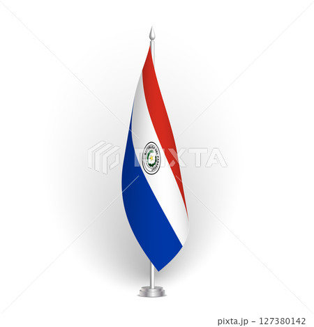 Paraguay flag - 3D standard conference flag hanging on ground flagpole. Usable for summit, indoor meeting, board room, government office, press room or reception. Vector flag with shading 127380142