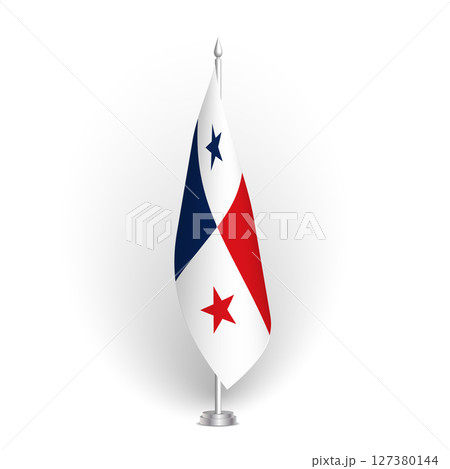 Panama flag - 3D standard conference flag hanging on ground flagpole. Usable for summit, indoor meeting, board room, government office, press room or reception. Vector flag with shading Panama flag - 3D standard conference flag hanging on ground flagpole. Usable for summit, indoor meeting, board room, government office, press room or reception. Vector flag with shading 127380144