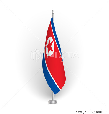 North Korea flag - 3D standard conference flag hanging on ground flagpole. Usable for summit, indoor meeting, board room, government office, press room or reception. Vector flag with shading 127380152