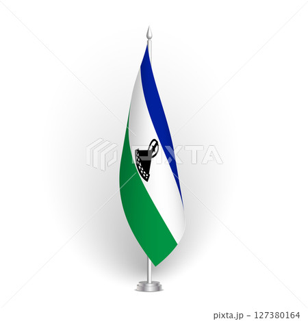 Lesotho flag - 3D standard conference flag hanging on ground flagpole. Usable for summit, indoor meeting, board room, government office, press room or reception. Vector flag with shading 127380164
