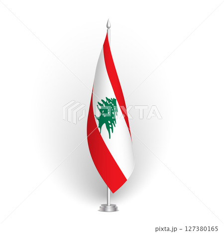 Lebanon flag - 3D standard conference flag hanging on ground flagpole. Usable for summit, indoor meeting, board room, government office, press room or reception. Vector flag with shading 127380165