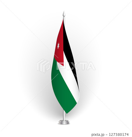 Jordan flag - 3D standard conference flag hanging on ground flagpole. Usable for summit, indoor meeting, board room, government office, press room or reception. Vector flag with shading 127380174