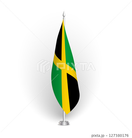 Jamaica flag - 3D standard conference flag hanging on ground flagpole. Usable for summit, indoor meeting, board room, government office, press room or reception. Vector flag with shading Jamaica flag - 3D standard conference flag hanging on ground flagpole. Usable for summit, indoor meeting, board room, government office, press room or reception. Vector flag with shading 127380176