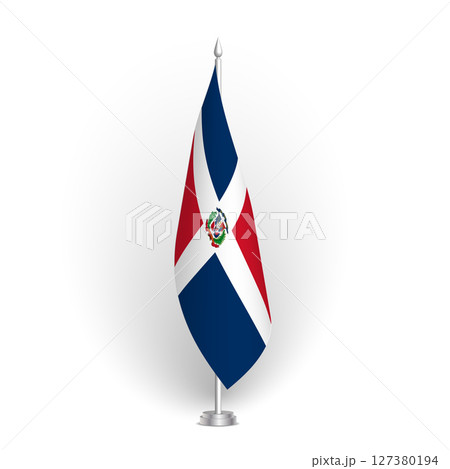 Dominican Republic flag - 3D standard conference flag hanging on ground flagpole. Usable for summit, indoor meeting, board room, government office, press room or reception. Vector flag with shading 127380194