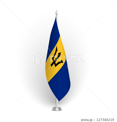 Barbados flag - 3D standard conference flag hanging on ground flagpole. Usable for summit, indoor meeting, board room, government office, press room or reception. Vector flag with shading 127380219