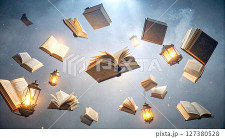 floating books in mystical library . Background concept. Generated Image 127380528