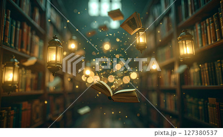 floating books in mystical library . Background concept. Generated Image 127380537