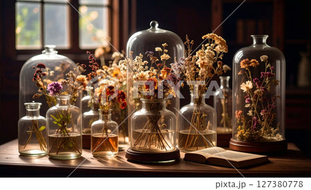 Pressed flower arrangements under glass. Background concept. Generated Image 127380778