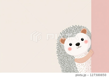 Adorable hedgehog illustration peeking around a wall corner, showcasing soft pastel colors and a whimsical design ideal for children's themes and educational content 127380850
